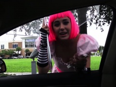 Hitchhiking teen in costume cumswallows
