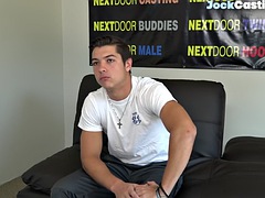 Casted straight jock jerks off cock on the couch
