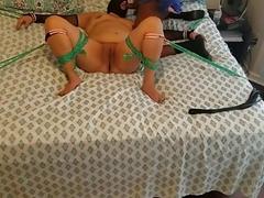 Chubby amateur enjoys BDSM and being whipped on a bed