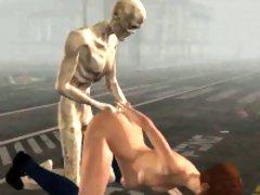 3D babe getting fucked hard outdoors by a zombie
