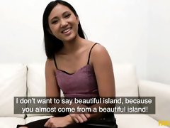 Asian teen with small tits May Thai interviewed by a long dick