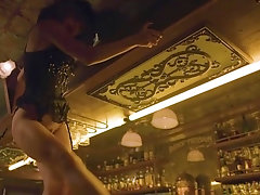 Sexy bartender does a lingerie striptease at work